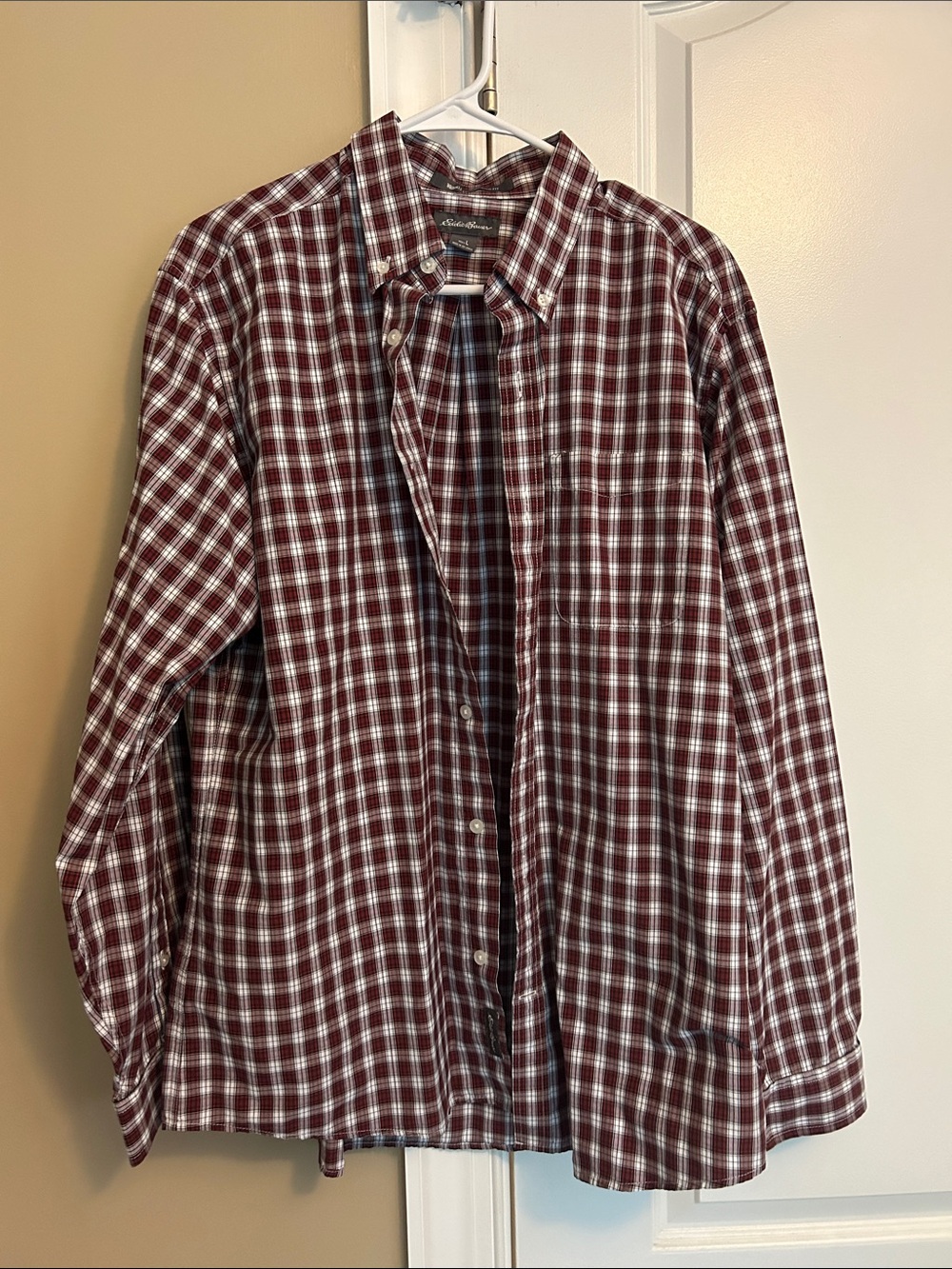 Eddie Bauer Men's Red and Black Plaid Button-Down Shirt